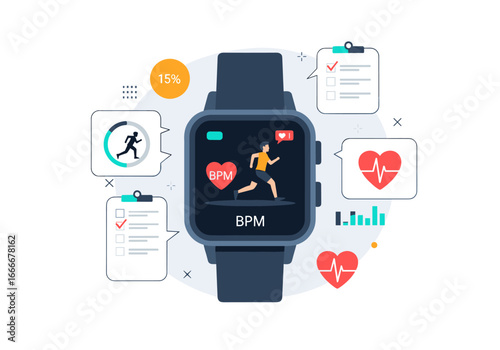 Smartwatch tracking fitness progress with heart rate and BPM data for healthy lifestyle
