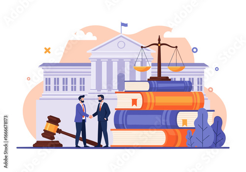 Lawyers shaking hands in front of courthouse scales and books, legal agreement concept