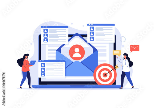 Email marketing strategy targeting success with laptop and target icon illustration