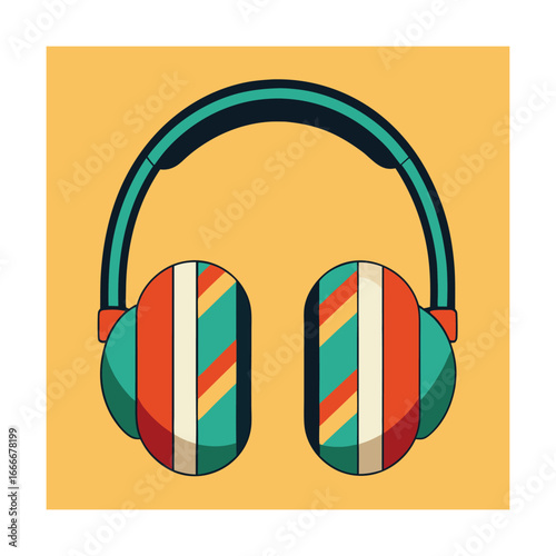 Retro headphones with striped earcups on yellow background