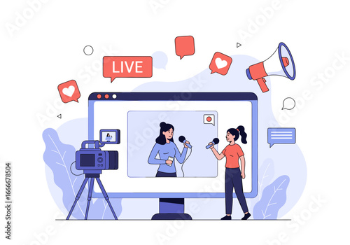 Live broadcast interview with female speaker and presenter with microphone and camera setup