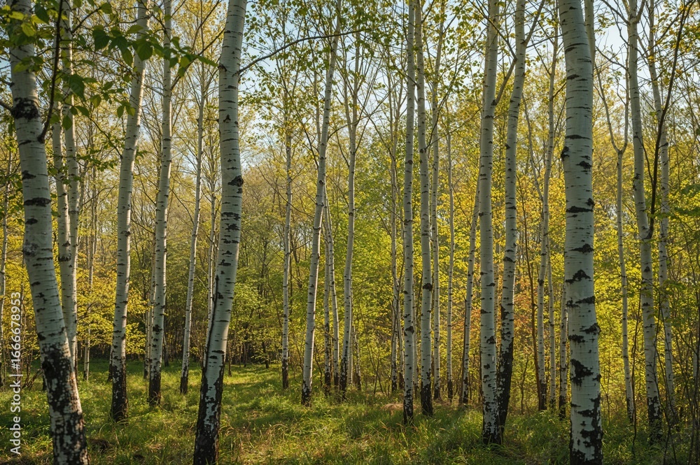 Fototapeta premium Sunlit spring woodland filled with slender white tree trunks
