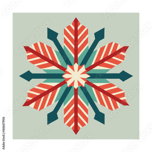 Stylized Snowflake With Feather Like Petals In Red Teal And Cream