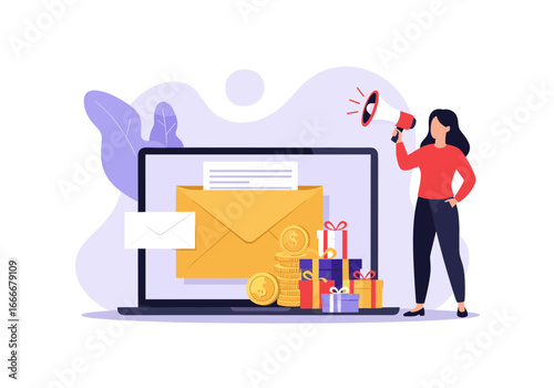 Woman announcing email marketing campaign with gifts and coins, modern digital promotion