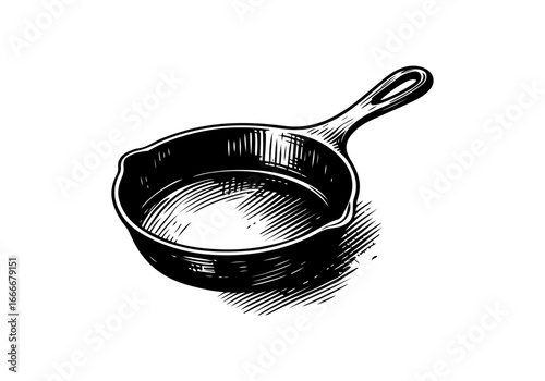 Cast iron skillet hand drawn vector illustration