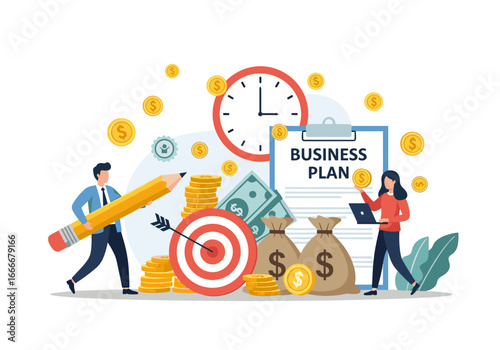 Business plan success concept with money, clock, and target for financial growth