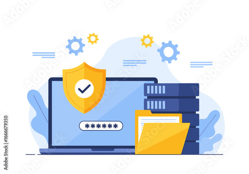 Secure data protection and digital security concept with shield and password on laptop screen