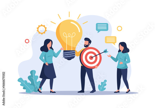 Team brainstorming brilliant ideas with target focus to achieve business goals and success