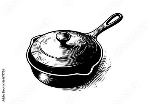 Cast iron skillet hand drawn vector illustration
