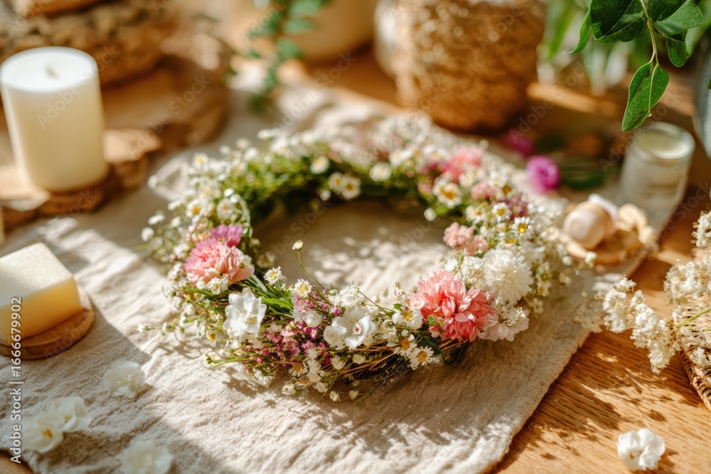 Fototapeta premium Beautifully crafted floral wreath displayed on a rustic wooden table with candles and natural decor, perfect for home decoration, events, or seasonal celebrations.