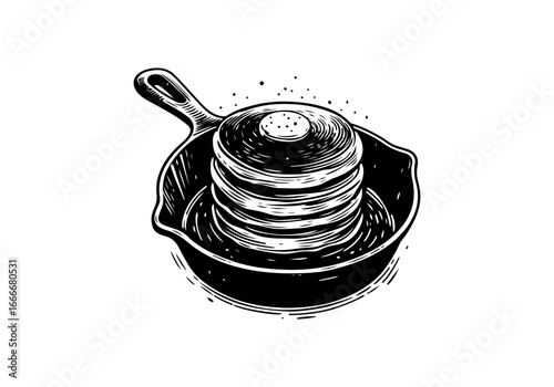 Cast iron skillet hand drawn vector illustration
