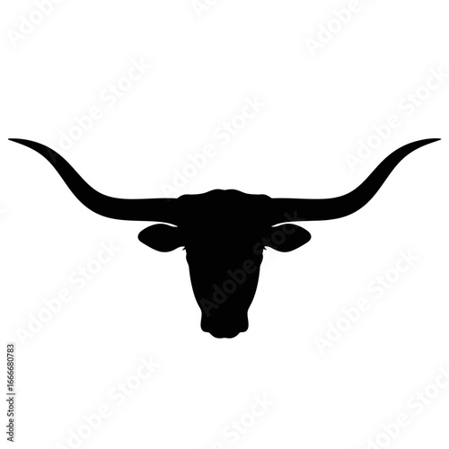 Black silhouette of a longhorn bull's head with wide, curved horns against a white background.