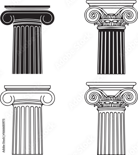 Set of classical column capitals isolated on white background