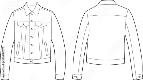 Denim jacket technical flat sketch, front and back view vector illustration, casual outerwear fashion design template, garment drawing for clothing industry