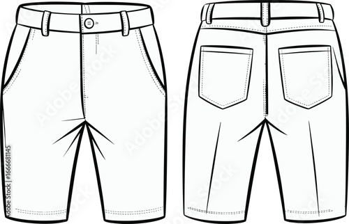 Vector fashion illustration of men’s denim shorts with belt loops, front and back view clothing flat sketch template for casual apparel design