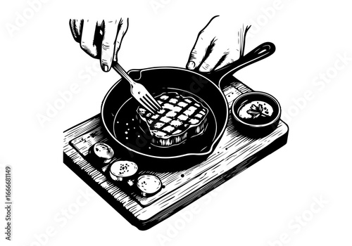Cast iron skillet hand drawn vector illustration
