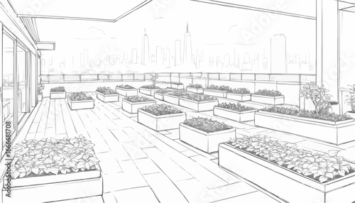 Coloring book page of a rooftop garden with planters and a city skyline in the background
