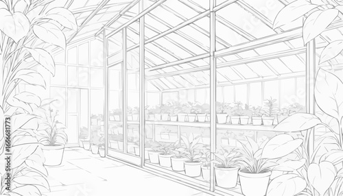 Coloring book page of a greenhouse filled with potted plants and sunlight streaming through the glass