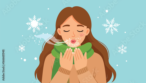 A woman bundled in a scarf and sweater exhales into her cupped hands, surrounded by snowflakes.