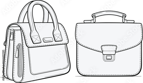 Vector illustration of stylish handbag and elegant briefcase with detailed stitching, zipper pocket, handle design, fashion accessory, modern leather bag template
