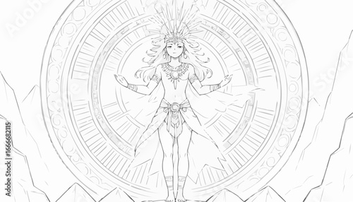 Coloring page of a radiant deity with elaborate headdress and geometric backdrop, line art illustration
