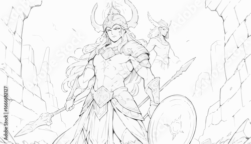 Coloring page of a heroic armored warrior with a spear and shield, set in a grand ruins, line art illustration
