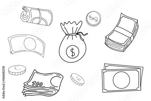 Money set doodle paper banknote, cash, coins sketch line. Collection funny comic budget. Dollar doodle sign symbol set. Hand drawn Dollar icon