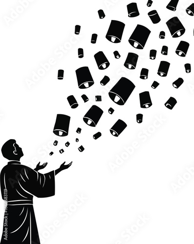 Silhouette of a person releasing paper lanterns into the sky
