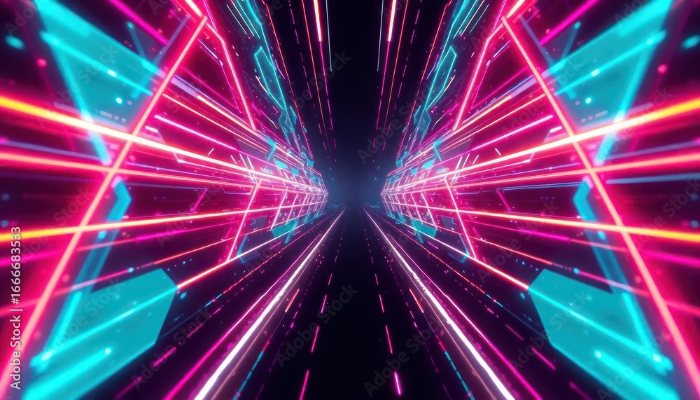 Naklejka premium Abstract futuristic tunnel with vibrant neon lights creating a dynamic path through digital space. Ideal for technology, gaming, or sci-fi backgrounds.