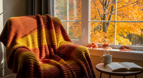 Comfortable armchair with orange blanket next to open book and warm drink in front of window with fall foliage