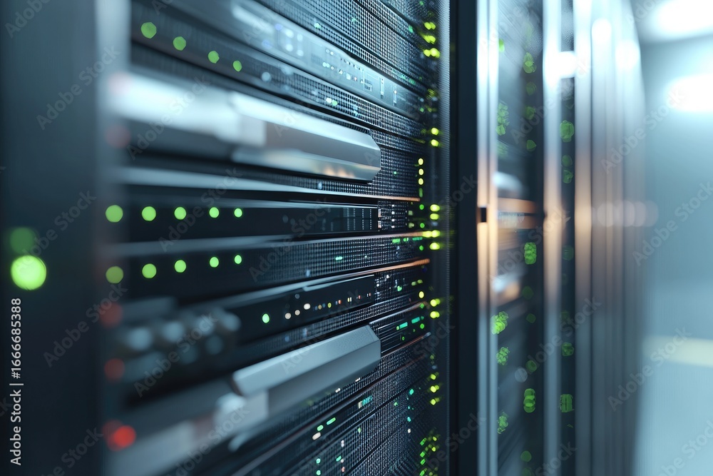 Advanced server racks in modern data center with green indicator lights representing cloud computing, cybersecurity, IT infrastructure and high performance networking solutions Advanced server racks in modern data center with green indicator lights representing cloud computing, cybersecurity, IT infrastructure and high performance networking solutions