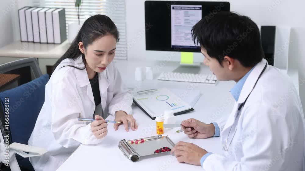 Two doctors are sitting at a desk in a medical office, examining various medications and prescriptions while discussing patient treatment. Two doctors are sitting at a desk in a medical office, examining various medications and prescriptions while discussing patient treatment.