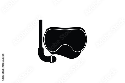 Black silhouette of snorkeling mask and breathing tube on white background