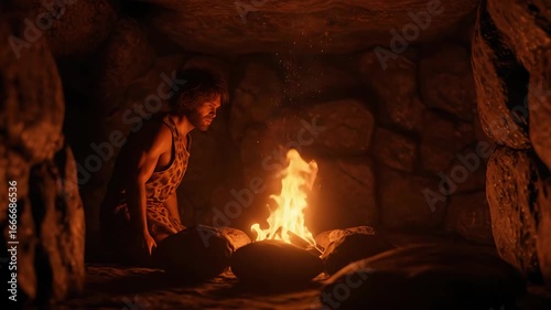 A captivating scene of a caveman by a fire, evoking prehistoric life and survival skills