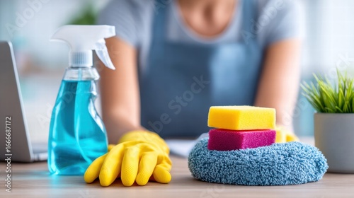 A person prepares cleaning tools to tidy up a house with hygiene in mind and cheerful attitude.