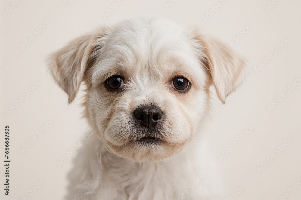 Obraz premium Adorable white powderpuff puppy portrait of a male dog, charming and playful pet animal