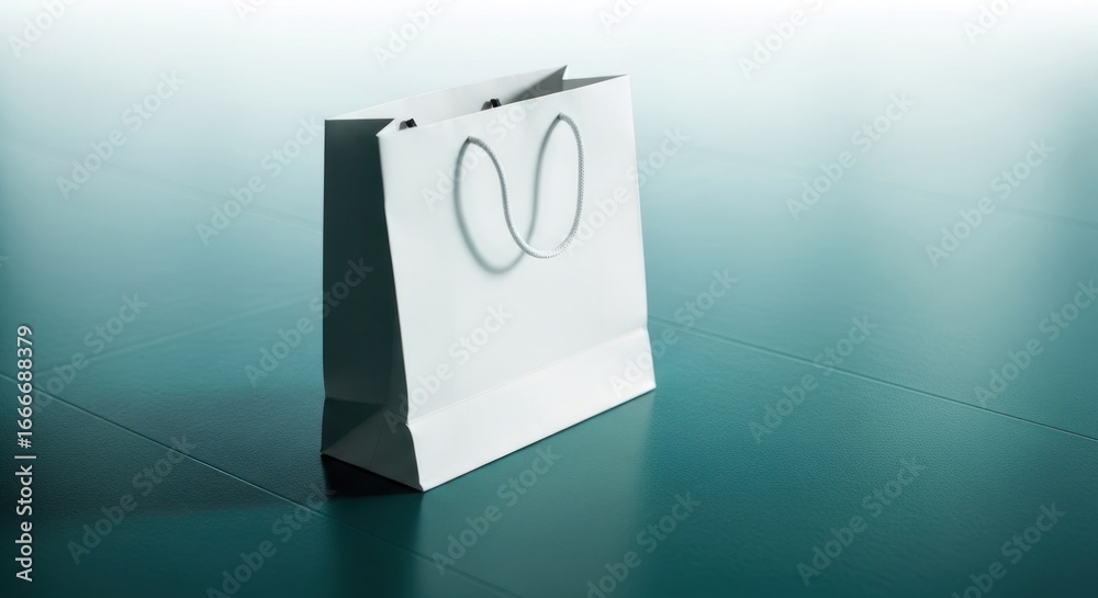 Simple white shopping bag with looped handles on a blue gradient surface