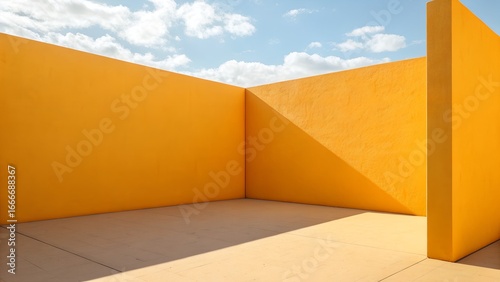 Corner of yellow-orange architectural walls with shadows and sky – Spatial geometry, Modern architecture, Abstract minimalism, design, structure, sunlight, bold color, simplicity