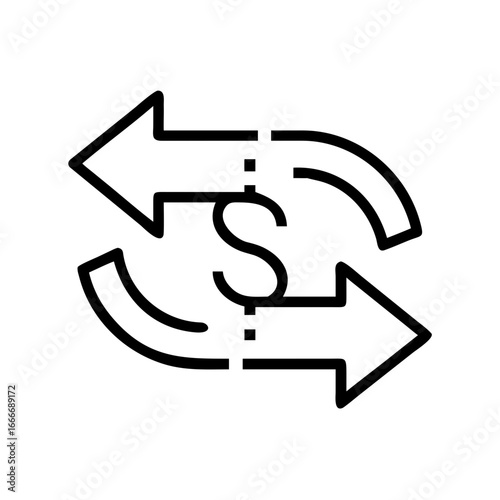 Outline icon depicting money exchange with arrows pointing in opposite directions and dollar sign center