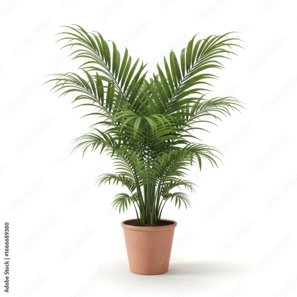 Fototapeta premium Green areca palm plant in a brown pot isolated on white background