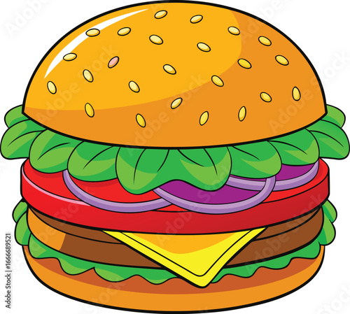 Delicious cartoon burger with fresh ingredients and sesame seed bun