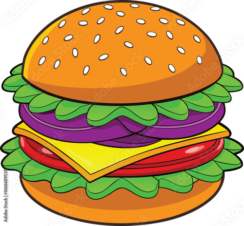Delicious cartoon burger with fresh ingredients and sesame seed bun