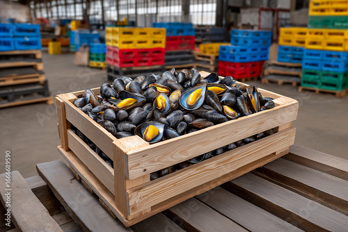 Fresh Mussels in Crate: A close-up view captures a wooden crate overflowing with fresh, glistening mussels.