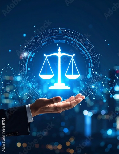 Digital Justice Scales Held in Hand Over Night Cityscape.