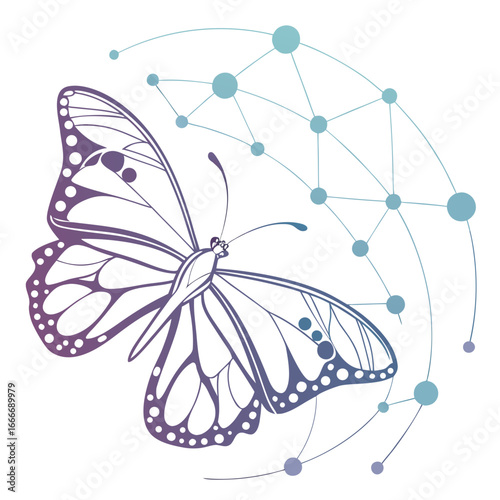 Abstract system of flowing butterfly digital strands and luminous dots. Gradients transition smoothly from aquamarine to lavender and sky blue. Transparent vector background, wide layout. 