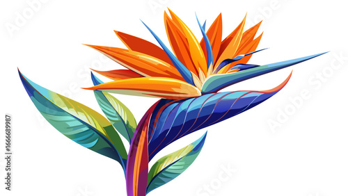 Bird of paradise flower isolated on white, radiant orange and blue petals unfurl gracefully, symbol of exotic elegance, surreal yet realistic composition balancing natural beauty with clean minimal 