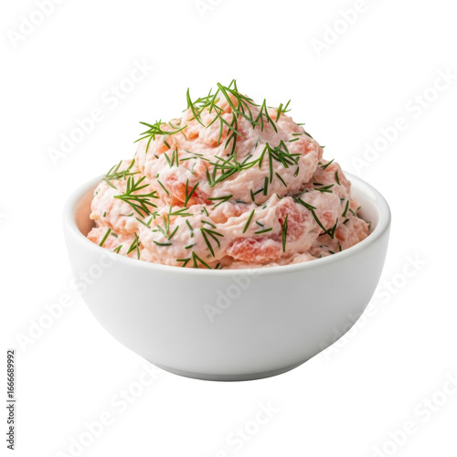 Gourmet creamy smoked salmon spread, pale pink with green dill, luscious, in a white ceramic bowl on bright studio background, close-up, appetizing food concept
