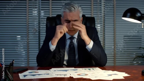 Stressed businessman reviewing financial reports in dark office