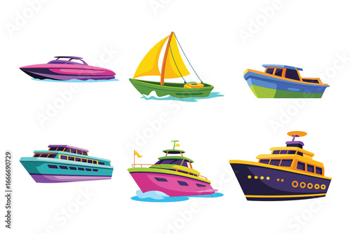 Colorful cartoon boats illustrations yachts sailboat