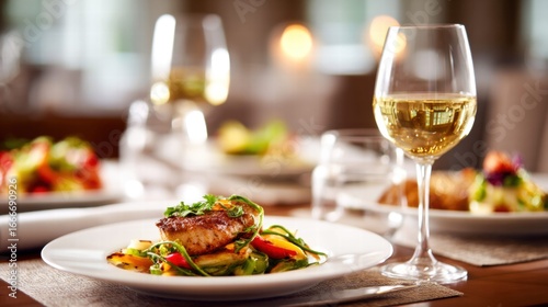 Fototapeta Naklejka Na Ścianę i Meble -  A beautifully presented dish of grilled fish with a glass of white wine.